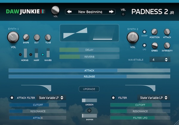 DAWJunkie「Padness 2 Jr.」太くてあたたかいパッドをワンクリックで追加！空間を包み込むファットなウェーブテーブルサウンド｜DTMプラグインセール
