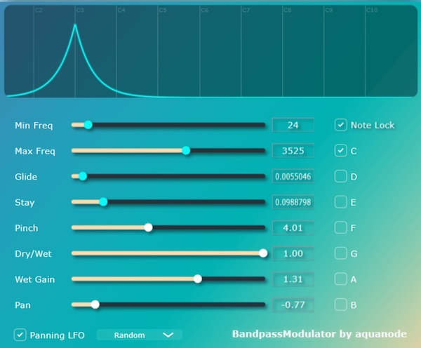 Aqua Node「BandpassModulator VST」ただの自動フィルターではない！指定レンジ内をランダム移動し、キーに沿って動かせるバンドパスモジュレーター｜DTMプラグインセール