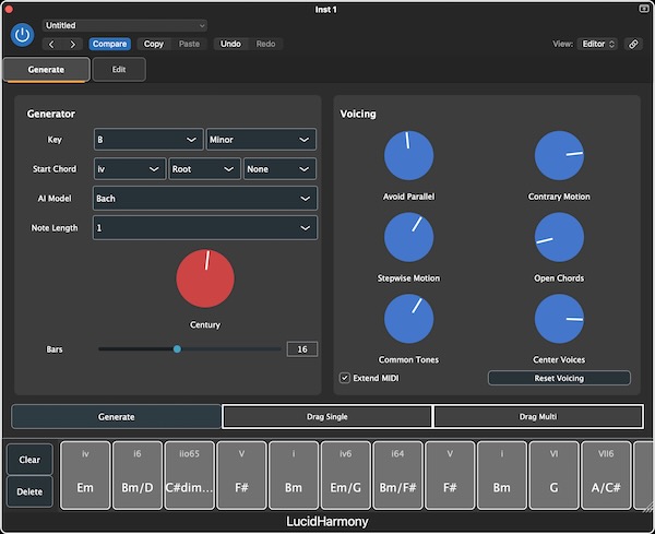 Lucid Musician「AI Harmony Generator」音楽理論がわからなくても美しいコード進行が作れる！3,700曲以上の学習データをもとに、4声体ハーモニーを瞬時に構築するAIコードジェネレーター｜DTMプラグインセール