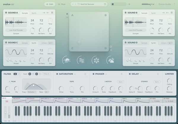Excite Audio「Evolve Air」ドラッグ＆ドロップで何でもモジュレーション！サンプルインポート＋4層ブレンドで、オリジナルのアンビエント音色を作り、XYパッドで“半透明に漂うアンビエンス”を育てるサンプルベース・シンセ｜DTMプラグインセール
