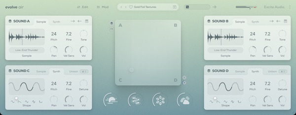 Excite Audio「Evolve Air」ドラッグ＆ドロップで何でもモジュレーション！サンプルインポート＋4層ブレンドで、オリジナルのアンビエント音色を作り、XYパッドで“半透明に漂うアンビエンス”を育てるサンプルベース・シンセ｜DTMプラグインセール