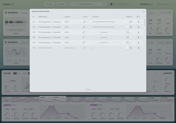Excite Audio「Evolve Air」ドラッグ＆ドロップで何でもモジュレーション！サンプルインポート＋4層ブレンドで、オリジナルのアンビエント音色を作り、XYパッドで“半透明に漂うアンビエンス”を育てるサンプルベース・シンセ｜DTMプラグインセール