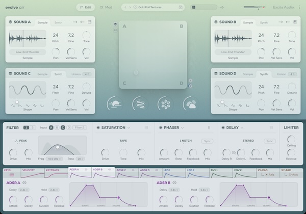 Excite Audio「Evolve Air」ドラッグ＆ドロップで何でもモジュレーション！サンプルインポート＋4層ブレンドで、オリジナルのアンビエント音色を作り、XYパッドで“半透明に漂うアンビエンス”を育てるサンプルベース・シンセ｜DTMプラグインセール