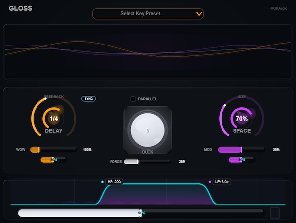 MG9 Audio「Gloss – Delay & Reverb designed for vocals」ボーカルに自然な奥行きと艶を!ディレイ・リバーブ・ダッキングをひとつにまとめたオールインワン空間系プラグイン|DTMプラグインセール