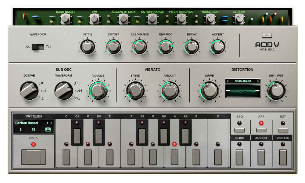 Arturia「Acid V」TB-303の“銀箱”を回路レベルで再現しつつ、64ステップ拡張シーケンサー×14種ディストーション×サブOSCで現代のアシッド/レイヴを作るアシッドシンセ｜DTMプラグインセール