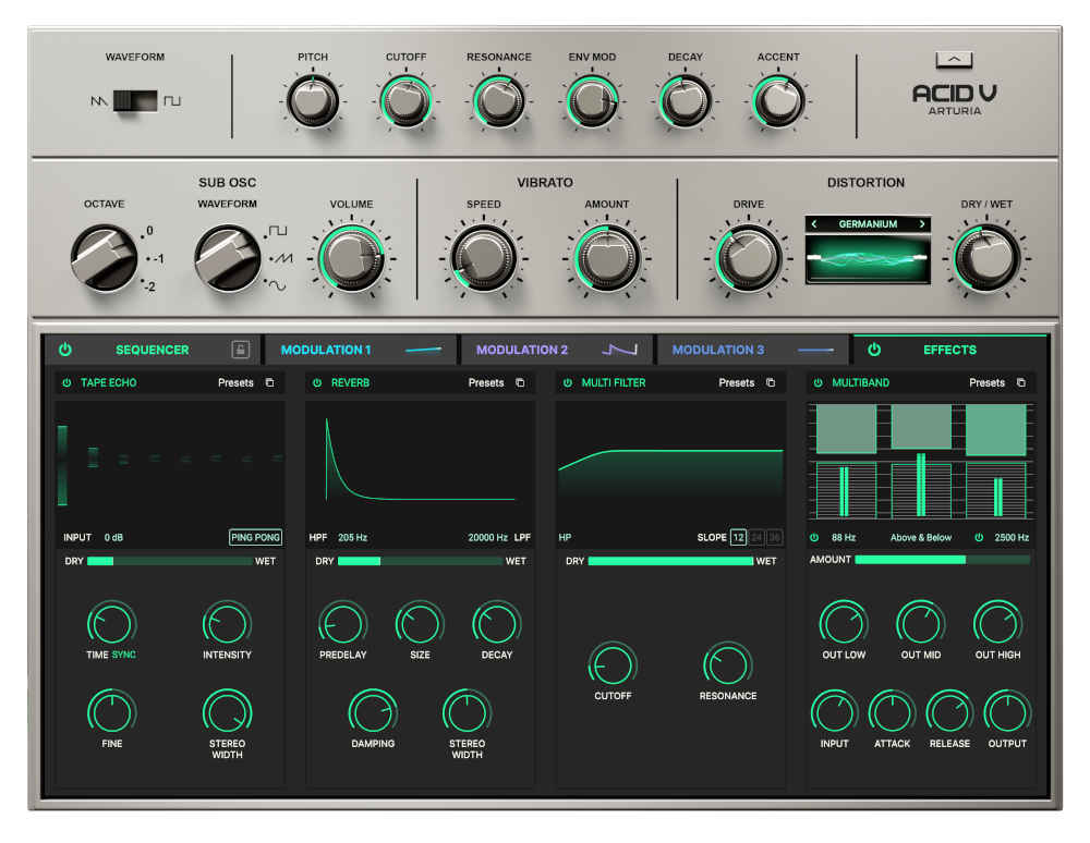 Arturia「Acid V」TB-303の“銀箱”を回路レベルで再現しつつ、64ステップ拡張シーケンサー×14種ディストーション×サブOSCで現代のアシッド/レイヴを作るアシッドシンセ｜DTMプラグインセール