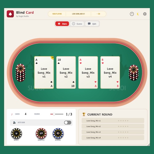 Sugoi Audio「Blind Card」コンプレッサーやミックスの違いは聴き分けられる？先入観を排除して音だけで判断できる無料ブラインドテストプラグイン｜DTMプラグインセール