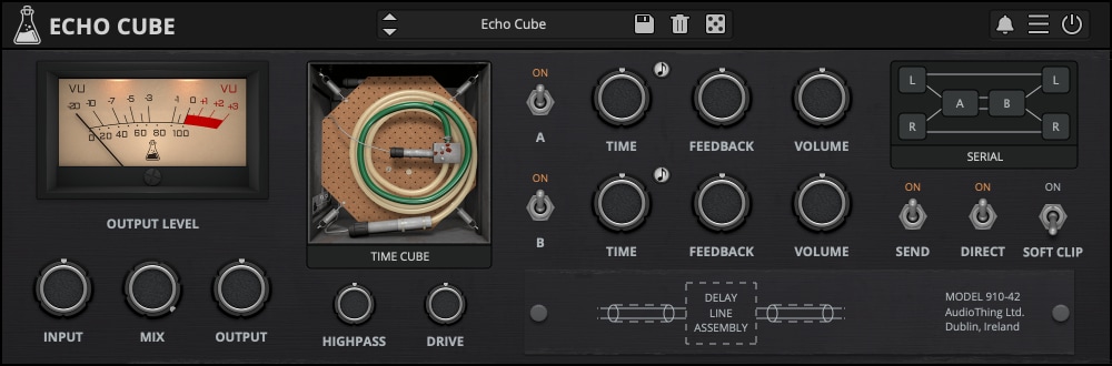 AudioThing「Echo Cube」空気の伝播で遅延を作る“Cooper Time Cube”発想をデュアルA/Bで再現し、倍音フィルタ感と位相キャラで幅と存在感を足すアコースティック・ディレイ｜DTMプラグインセール