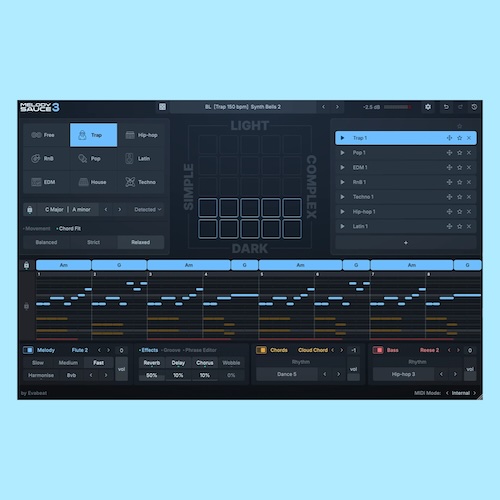 EVAbeat「Melody Sauce 3」約1,000パターンのコード進行と300以上の内蔵サウンドを搭載！ジャンル別コード生成・ベース連動・MIDI解析対応まで備えた次世代メロディ制作ツール｜DTMプラグインセール