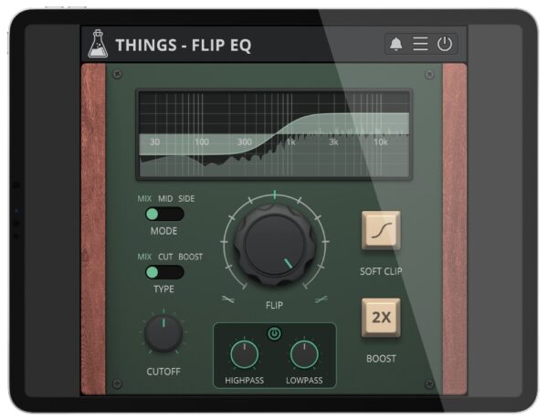 AudioThing「Things – Flip EQ」Cutoffで中心を決めて傾けるだけ、必要ならBoostで押し出し、M/Sで広がりも狙える、ミックスが一瞬で整う傾きEQ｜DTMプラグインセール