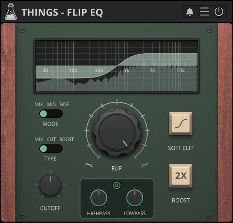 AudioThing「Things – Flip EQ」Cutoffで中心を決めて傾けるだけ、必要ならBoostで押し出し、M/Sで広がりも狙える、ミックスが一瞬で整う傾きEQ｜DTMプラグインセール
