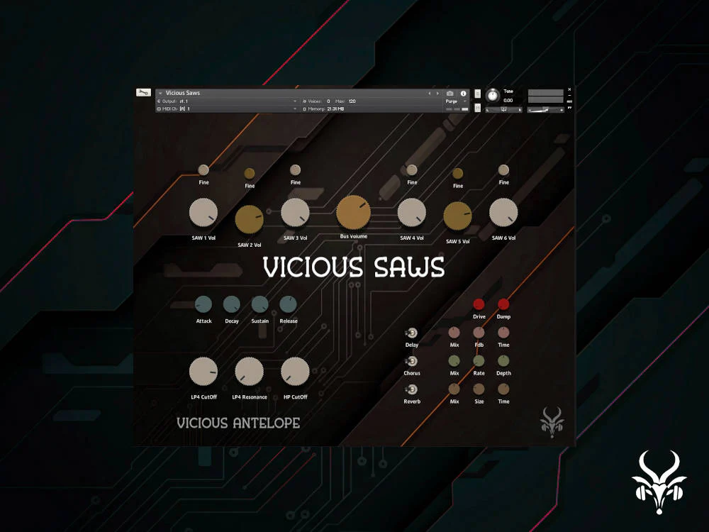 Vicious Antelope「Vicious Saws」6基のSAWオシレーターで重厚な倍音を構築、映画・ゲーム音楽に映えるダークで荘厳なシネマティックサウンドを即座に生み出すKontakt専用シンセ｜DTMプラグインセール