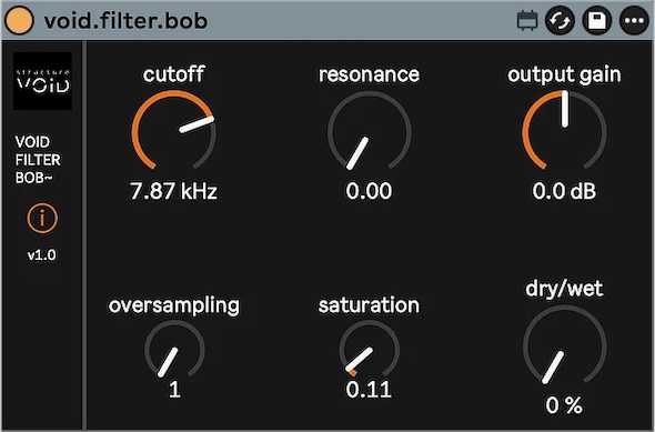 Structure Void「VOID FILTER BOB」Moog系24dBラダー回路を物理モデリングで忠実再現、自己発振から破壊的倍音まで操れるMax for Liveフィルター｜DTMプラグインセール