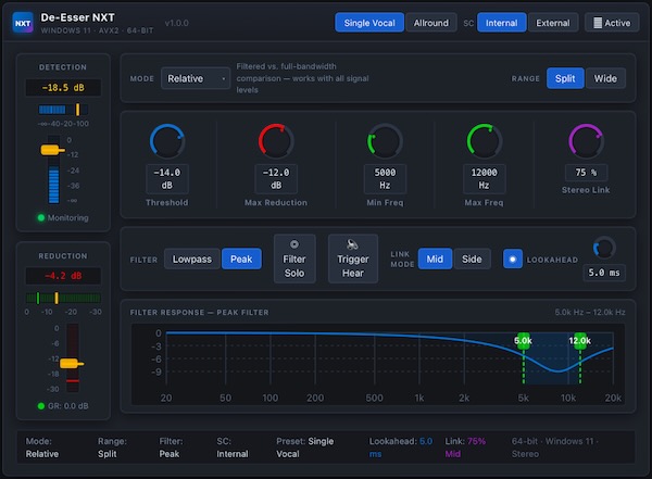 Subhankardas「De-Esser NXT」処理感のない自然な歯擦音コントロール！64bitダブル精度DSPとAVX2最適化を搭載したWindows 11専用VST3ディエッサー｜DTMプラグインセール