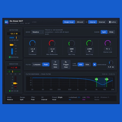 Subhankardas「De-Esser NXT」処理感のない自然な歯擦音コントロール！64bitダブル精度DSPとAVX2最適化を搭載したWindows 11専用VST3ディエッサー｜DTMプラグインセール