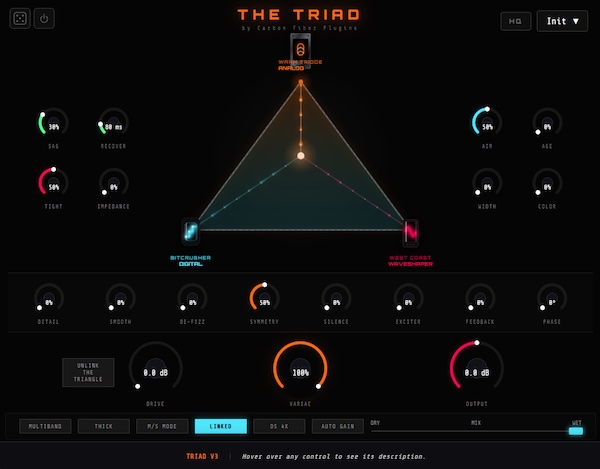 Carbon Fiber「Triad」アナログ・デジタル・ウェーブシェイパーの3系統を三角形XYパッドで自在にブレンドし、歪みそのものを設計できる次世代ディストーション｜DTMプラグインセール