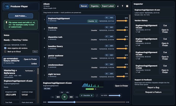 EthanSK「Producer Player」音楽制作の“ファイル探し地獄”を終わらせる！バージョン管理・曲順整理・ラウドネス確認まで一画面で完結するアプリ｜DTMプラグインセール