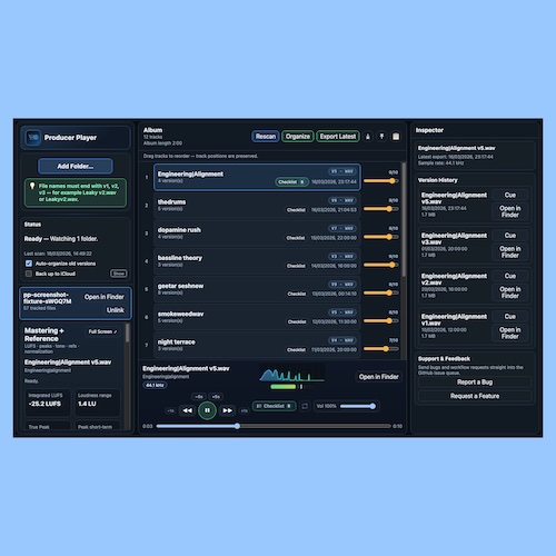 EthanSK「Producer Player」音楽制作の“ファイル探し地獄”を終わらせる！バージョン管理・曲順整理・ラウドネス確認まで一画面で完結するアプリ｜DTMプラグインセール
