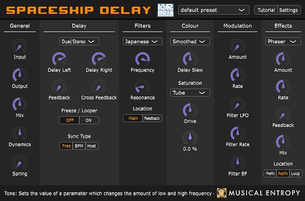 Musical Entropy「Spaceship Delay」モジュレーション・ダイナミクス・Freezeまで搭載！クラシックなエコーからヴィンテージ風揺らぎ、ルーパー的活用までこなす多機能ディレイ｜DTMプラグインセール