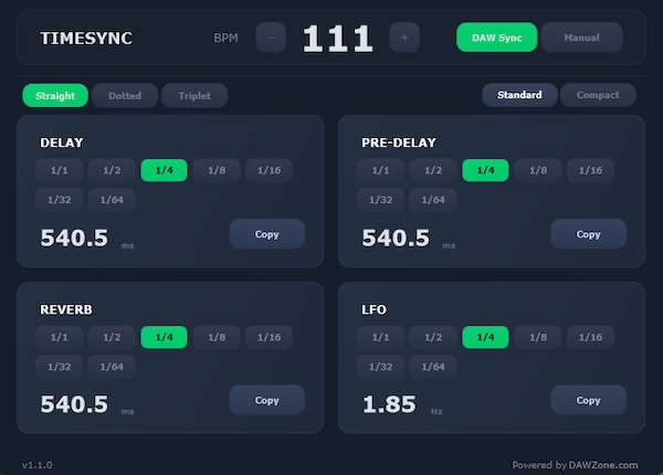 DAW Zone「TimeSync」BPMからディレイ・リバーブ・LFOを瞬時計算！テンポ同期を正確に行える無料VSTプラグイン｜DTMプラグインセール
