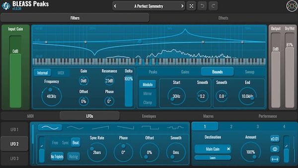 BLEASS「BLEASS Peaks」MIDIでフィルターを“演奏”するという新発想!最大8ボイス対応ポリフォニック・レゾナントフィルター|DTMプラグインセール
