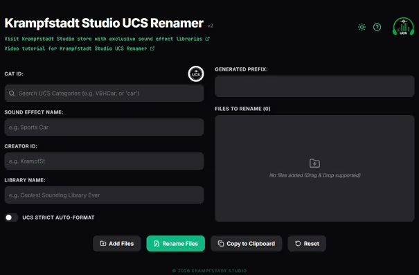 Krampfstadt Studio「Krampfstadt Studio UCS Renamer v2」サウンドライブラリ管理を効率化!UCS準拠のファイル命名を効率化する無料リネームツール|DTMプラグインセール