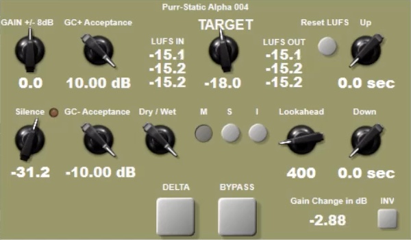 Noisebud「Purr-Static alpha 004」コンプレッサーに頼らない音量補正を実現！LUFSターゲットで自然な音量調整を実現する透明なラウドネスライダープラグイン｜DTMプラグインセール