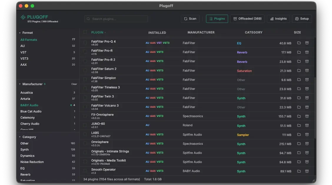 Midifex「Plugoff」DAWのプラグインを自動スキャン・整理・オフロードして制作環境を最適化する無料管理ツール|DTMプラグインセール