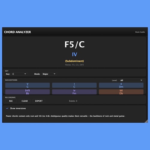 Dusk Audio「Chord Analyzer」リアルタイムでコードを検出し、ローマ数字分析と和声機能表示まで行える音楽理論対応MIDIプラグイン｜DTMプラグインセール