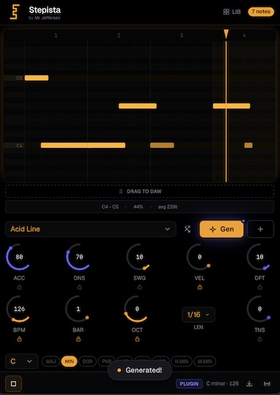 Mr Jefferson「Stepista」音楽理論とユークリッド・リズムを活用し、ワンクリックで実用的なMIDIパターンを生成できる次世代プラグイン|DTMプラグインセール