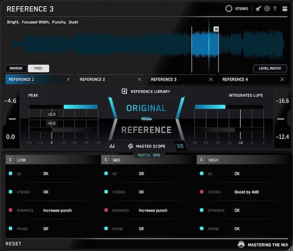 Mastering The Mix「REFERENCE 3」プロ楽曲との比較を革新的に効率化し、ミックス改善を可視化！トーナルバランス、ステレオ幅、ダイナミクスを一括解析し理想のサウンドへ導くインテリジェント・リファレンス・ツール｜DTMプラグインセール