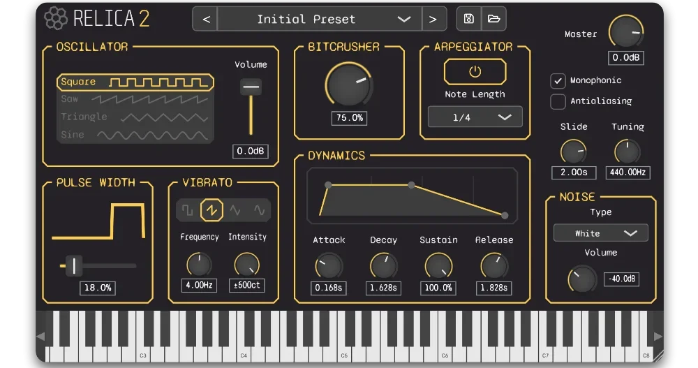 Hivetune「Relica 2」懐かしのファミコン風サウンドを手軽に再現!8ビットゲーム黄金期のサウンドをDAWで忠実に再現できるチップチューン向けシンセサイザー|DTMプラグインセール