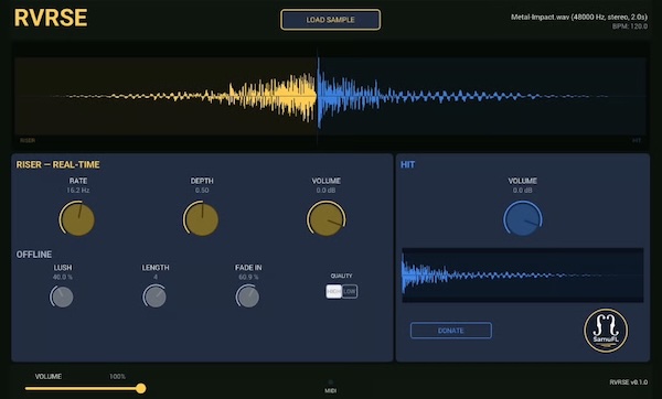 SamuFL「RVRSE」ドラムヒットやピアノ単音から一瞬でビルドアップを作る、逆再生リバーブ生成プラグイン｜DTMプラグインセール