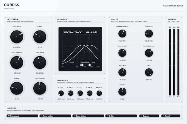 MG9 Audio「Coress Mastering De-Esser」ボーカルの明るさを残したまま「S」「T」だけを抑える！Core／Edge分離設計を採用した高精度マスタリング用ディエッサー｜DTMプラグインセール