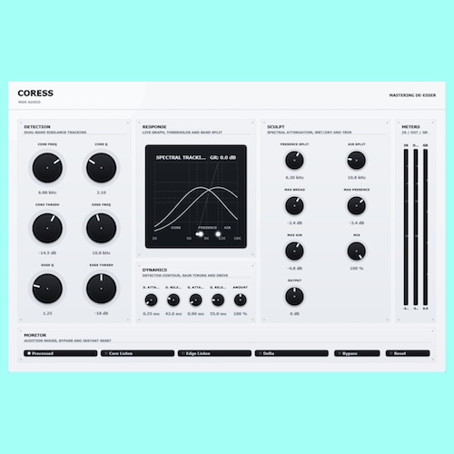 MG9 Audio「Coress Mastering De-Esser」ボーカルの明るさを残したまま「S」「T」だけを抑える！Core／Edge分離設計を採用した高精度マスタリング用ディエッサー｜DTMプラグインセール