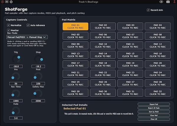 Interloud Audio「ShotForge」ライブ入力をその場で録音し、自動でスライスして32パッドに配置！演奏まで一気に完結するワンショット特化サンプラー｜DTMプラグインセール