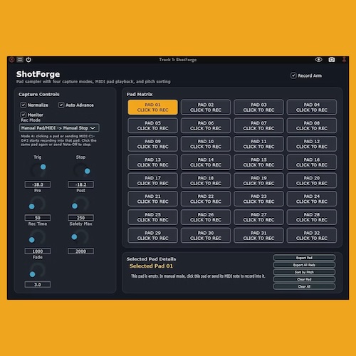 Interloud Audio「ShotForge」ライブ入力をその場で録音し、自動でスライスして32パッドに配置！演奏まで一気に完結するワンショット特化サンプラー｜DTMプラグインセール