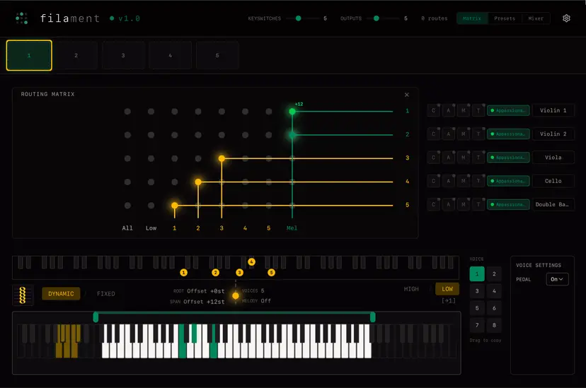 Forma Labs Audio「filament（Free Beta Access）」1つのDAWトラックで最大64音源を自在にルーティング！コード入力だけで自然なパート分離とフルオーケストレーションを実現するリアルタイムMIDIプラグイン｜DTMプラグインセール