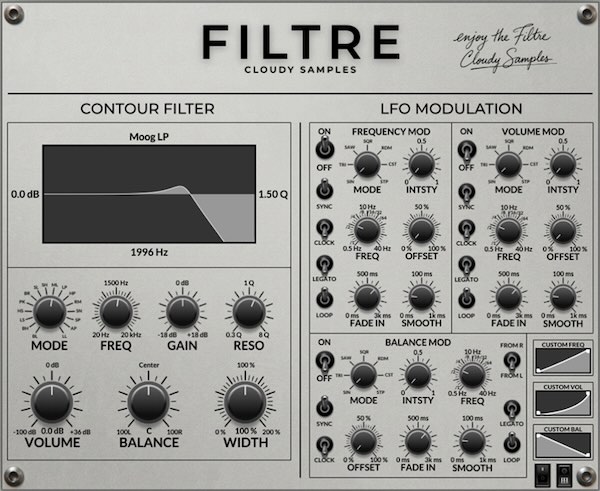 Cloudy Samples「Filtre」16モードの高精度フィルターと自在にカスタマイズできるLFOモジュレーションを融合し、音に滑らかな揺らぎからリズミカルな変化まで与える次世代型VSTエフェクト｜DTMプラグインセール