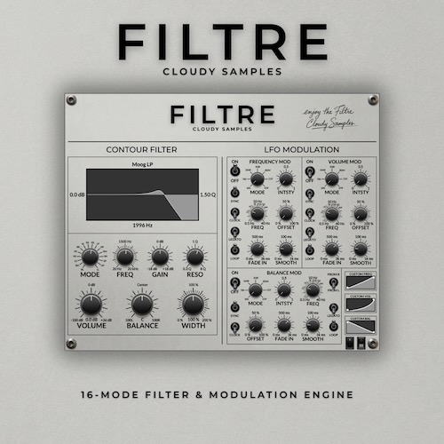 Cloudy Samples「Filtre」16モードの高精度フィルターと自在にカスタマイズできるLFOモジュレーションを融合し、音に滑らかな揺らぎからリズミカルな変化まで与える次世代型VSTエフェクト｜DTMプラグインセール