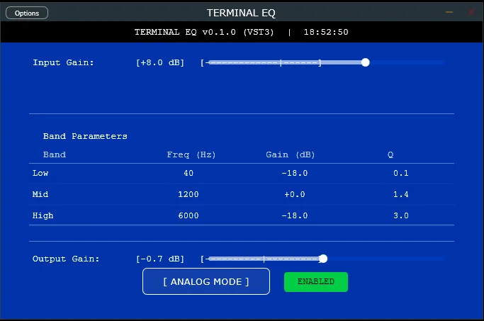 Terminal Audio「TERMINAL EQ」ターミナル風UIとアナログモードを搭載した、Ableton Live 12対応の実験的3バンドEQ｜DTMプラグインセール