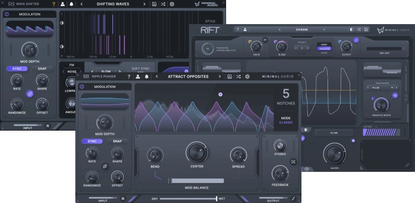 Minimal Audio「Texture Lab Bundle」ディストーション・フェイザー・周波数変調の3種類のエフェクトでサウンドに個性的なテクスチャと動きを加えるエフェクトバンドル｜DTMプラグインセール