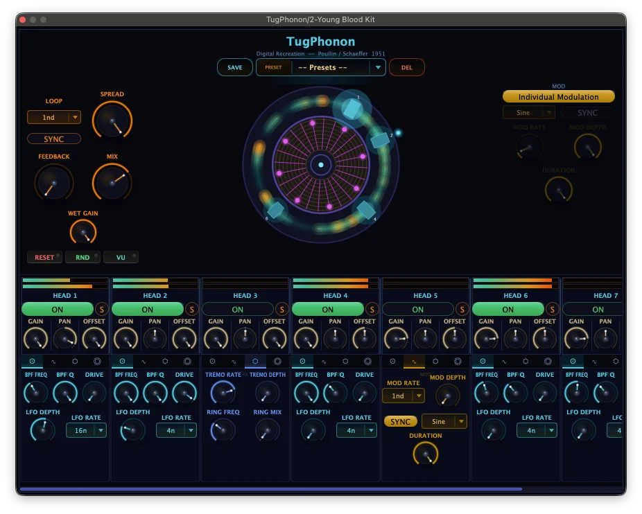tugrulakyuz「TugPhonon 1.0.0」1951年の回転ディスク型テープディレイをソフトウェアとして再現！8つの再生ヘッドと物理モデリングレゾネーターで複雑なエコーと音響テクスチャを生み出す、実験的テープディレイ｜DTMプラグインセール