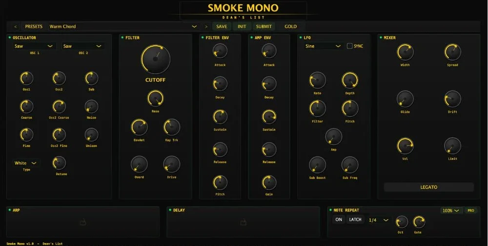 Dean's List Productions「SMOKE MONO 1」シンプルなのに音が前に出る！ミックスで埋もれない音”に特化したモノフォニックシンセ｜DTMプラグインセール