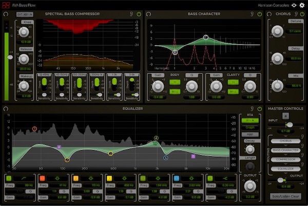 Harrison「Bass Flow」ベースの太さ・芯・抜けを一括でコントロール！ピッチ追従型EQと6バンド・スペクトラルコンプレッサーを搭載したベース専用チャンネルストリップ｜DTMプラグインセール