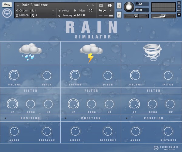 Alden Nulden Productions「Rain Simulator」アンビエントやLo-fi制作にも最適！雨・雷・風を自在にブレンドできるKontakt専用のリアル環境音ライブラリ｜DTMプラグインセール