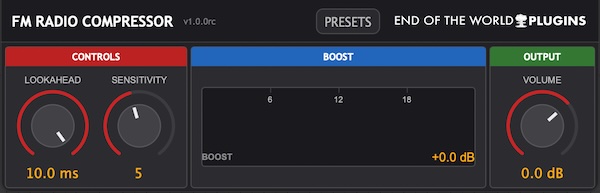End of the World Plugins「FM Radio Compressor」小さな音を自然に引き上げて全体を聞きやすく整える！放送風サウンドを手軽に実現するシンプル志向のコンプレッサー｜DTMプラグインセール
