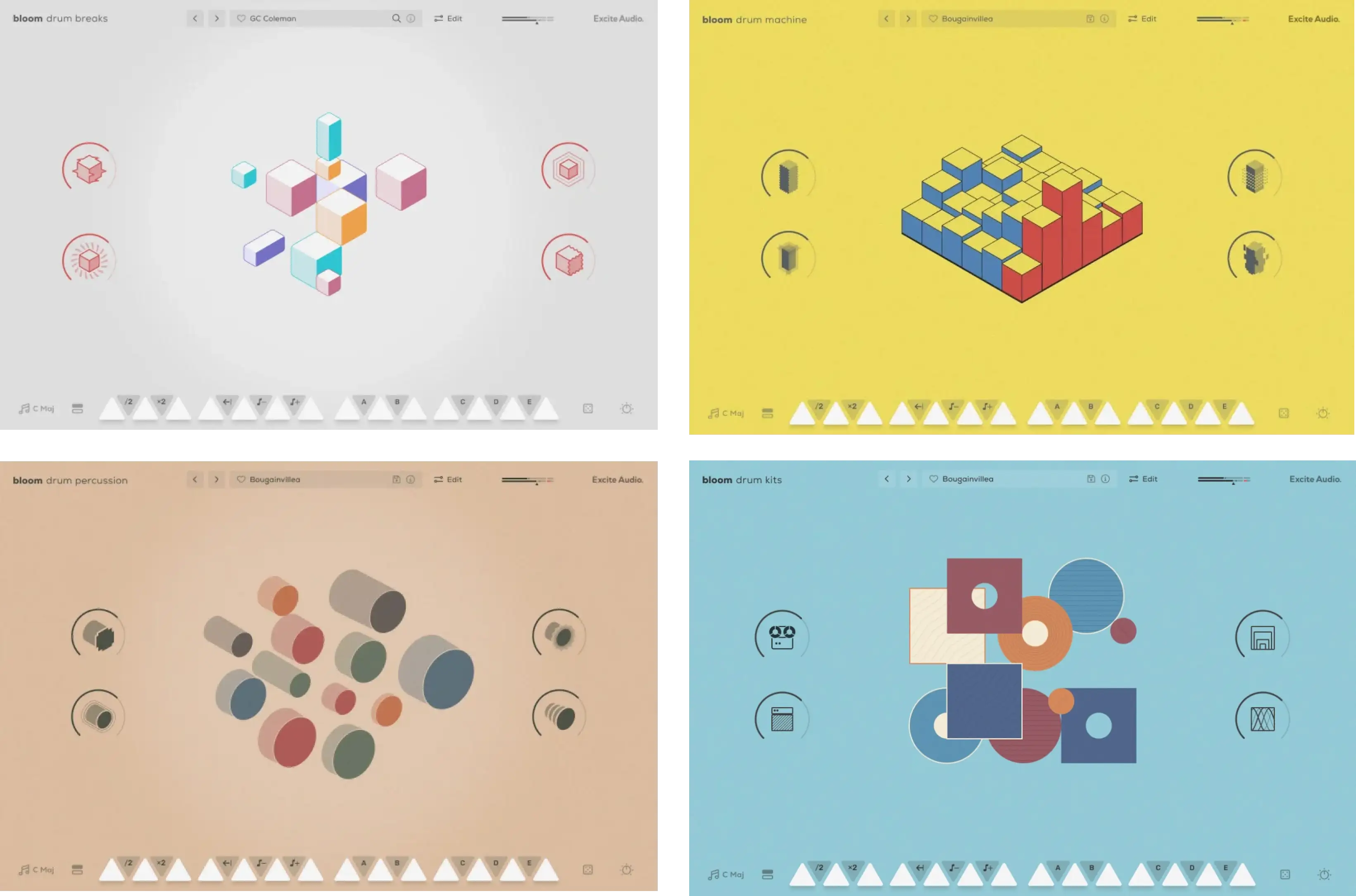 Excite Audio「Bloom Drums Bundle」ドラム制作のスピードとクオリティを同時に引き上げる！4つの音源を組み合わせて、ループ・ワンショット・シーケンスを一括で扱えるオールインワン音源｜DTMプラグインセール
