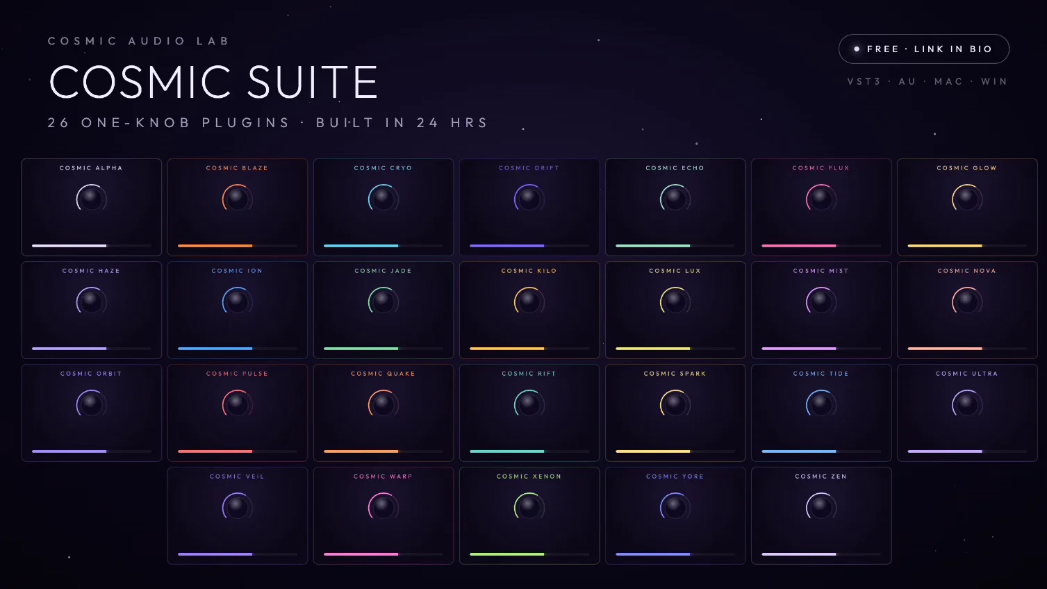 Cosmic Audio Lab「Cosmic Suite（One-Knob FX Bundle）」ノブひとつで音が完成するシンプル設計！26種類のエフェクトを直感操作で扱えるワンノブFXバンドル｜DTMプラグインセール