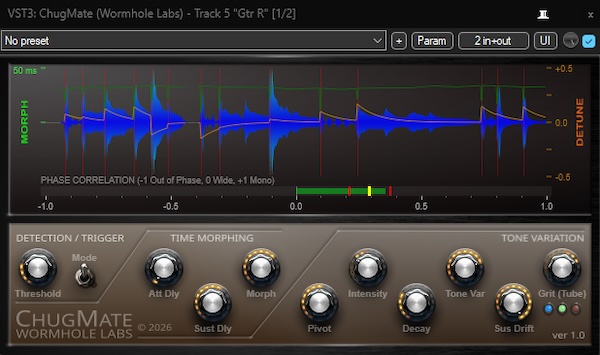 Wormhole Labs「ChugMate」ヘヴィギターのダブリングで音が濁る問題を解決！トランジェントを保ったまま自然に広げるギター専用ダブラー｜DTMプラグインセール